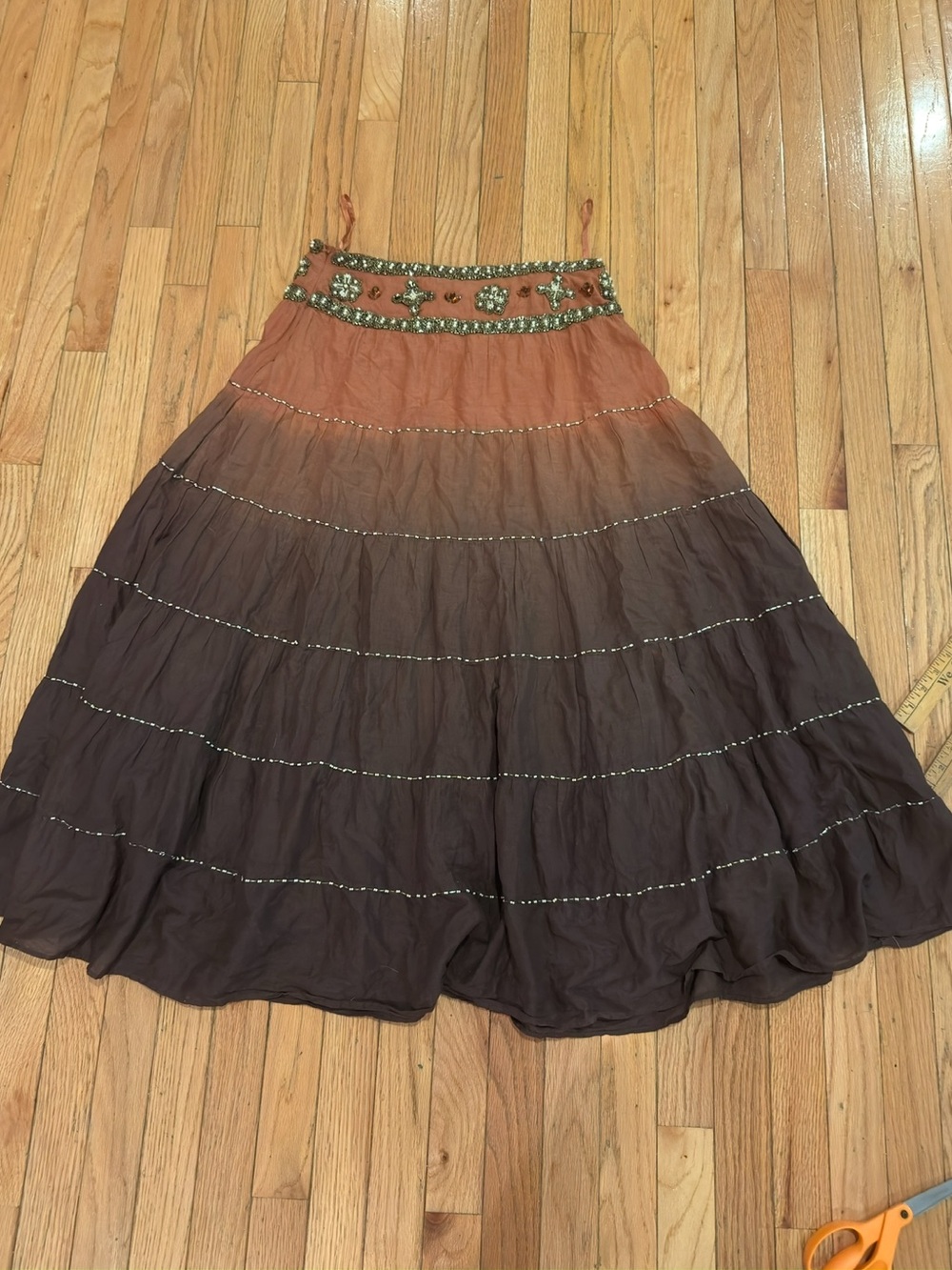 VTG Beaded Cross Ombre Tiered Midi Skirt in Rust-Brown boho - Picture 2 of 5